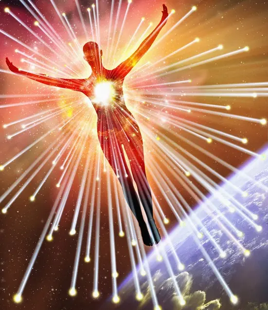 A person is flying through the air with rays of light coming from their hands.
